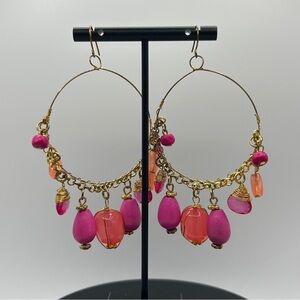 Fun & Festive Pink and Gold Beaded Hoop Earrings
